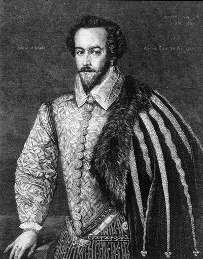 Muotokuva Sir Walter Raleighista (1554 - 1618), englantilaisesta navigaattorista, hovimiehestä ja kirjailijasta. Kaiverrus Federico Zuccarolle (tai Zuccarille) (1549 - 1609) vuodelta 1588 kuuluvan maalauksen jälkeen. tekijältä Federico (after) Zuccari or Zuccaro