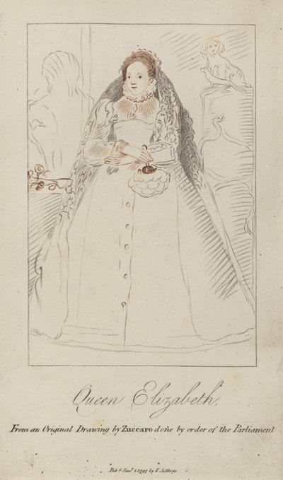 Kuningatar Elisabet I (värillinen kaiverrus) tekijältä Federico (after) Zuccari or Zuccaro