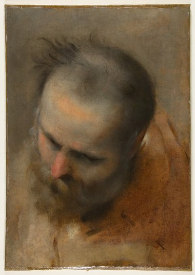 Parrakas miehen pää, joka katsoo vasempaan alakulmaan (Nikodemos) tekijältä Federico Barocci