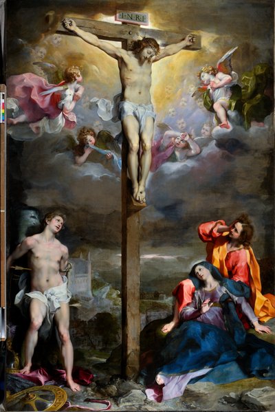 Kristuksen ristiinnaulitseminen Neitsyt Marian, Pyhän Johannes evankelistan ja Pyhän Sebastianin kanssa tekijältä Federico Fiori Barocci or Baroccio