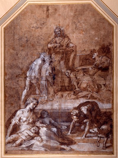 Uskonnollinen allegoria, Mannan kerääminen ja ehtoollisen viettäminen (tussi ja liitu, tussi ja liitu ja pesu, korotettu valkoisella paperille). tekijältä Federico Fiori Barocci or Baroccio
