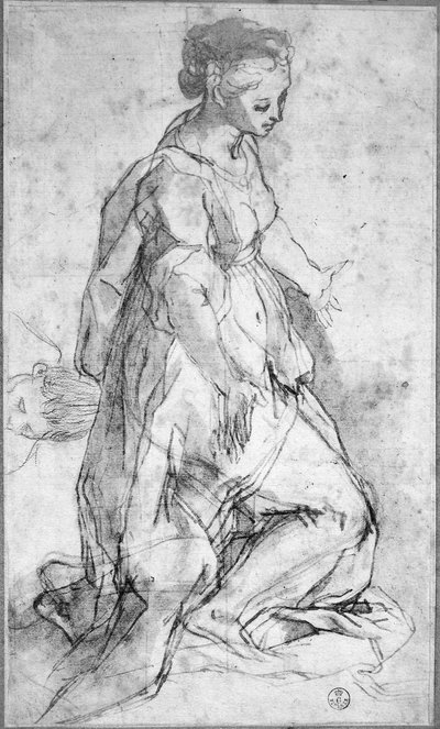 Tutkimus Neitsyt-hahmosta (musta liitu ja kynä ja muste pesulla paperille) tekijältä Federico Fiori Barocci or Baroccio