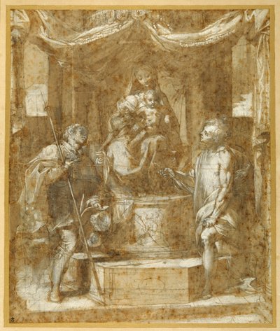 Neitsyt ja lapsi valtaistuimella katoksen alla, Sts Roch ja Sebastian (kynä ja ruskea muste ruskealla pesulla ja korosteella) tekijältä Federico Fiori Barocci or Baroccio