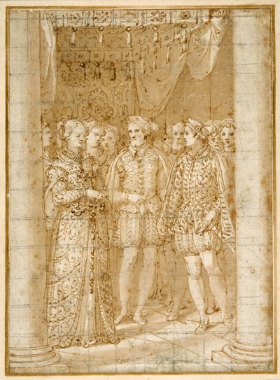 Ottaviano Farnesen kihlaus Margaret of Parman kanssa ranskalaisen Henri II:n läsnäollessa (kynä ja muste paperille) tekijältä Federico Zuccaro
