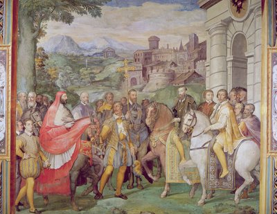 Kaarle V (1500-58) ja Alessandro Farnese (1546-92) Wormsissa Sala dei Fasti Farnesen loisteliaiden salista, 1557-66 (ks. 95812). tekijältä Federico Zuccaro