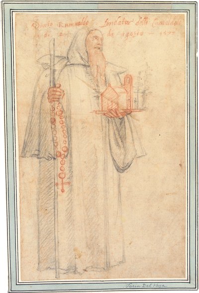 Fra Stefano, Vallombrosan kamaldoliittien prokuraattori, pyhä Romuald, pitelemässä kirkon mallia ja rukousrukousta, 1577 tekijältä Federico Zuccaro