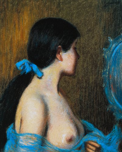 Nuori nainen peilin ääressä, Federico Zandomeneghi (1841-1917), pastelli kankaalle kiinnitettynä paperille, 46x38 cm tekijältä Federigo Zandomeneghi
