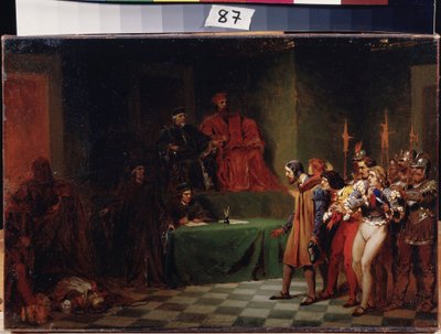 Mosaiikkitaiteilijat ennen kolmen hengen neuvostoa Venetsiassa (Italia) (Mosaiikkitaiteilijat ennen kolmen hengen neuvostoa Venetsiassa). Feodor Andrejevitš Bronnikovin (1827-1902) maalaus. Öljy kankaalle, ennen 1886, 25,5 x 37,5 cm, venäläistä taidetta. V tekijältä Fedor Andreevich Bronnikov
