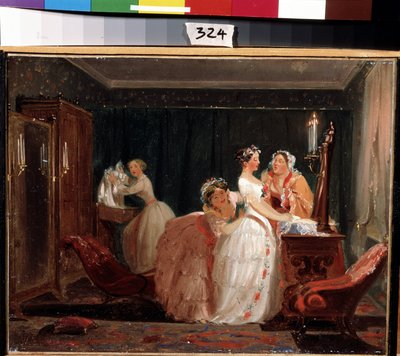 Häävalmistelut. Porvarillinen tyttö hääpuvussa valmistautuu hääseremoniaan. Feodor Andrejevitš Bronnikovin (1827-1902) teos. Öljy paperille, 26 x 33 cm tekijältä Fedor Andreevich Bronnikov