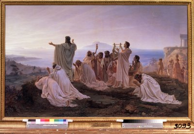 ""Pythagoraan nousevan auringon hymni"" Rituaaliseremonia muinaisessa Kreikassa, joka on saanut inspiraationsa Pythagoralaisista musiikkiin ja tähtiin liittyvistä teorioista. Feodor Andrejevitš Bronnikovin (1827-1902) maalaus 1869 Moskovan valtion Tretjako tekijältä Fedor Andreevich Bronnikov