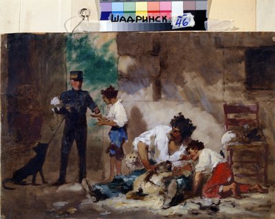 Koiran trimmaajat Napolissa (Italia) (Koiran trimmaaja Napolissa). Feodor Andrejevitš Bronnikovin (1827-1902) teos. Öljy pahville, 33 x 50 cm, venäläistä taidetta. Aluetutkimuksen museo, Shadrinsk (Venäjä). tekijältä Fedor Andreevich Bronnikov