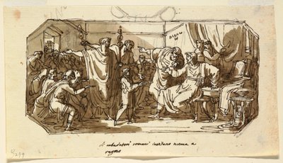 Kattosuunnittelu: Rooman suurlähettiläs Pyydä Sabine Numa Pompilius hallitsemaan Roomaa, Numa Pompilius Hall, Palazzo Milzetti, Faenza tekijältä Felice Giani