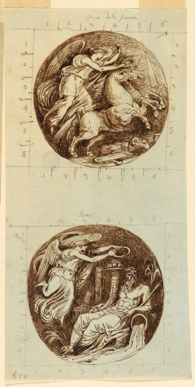 Piirros, Siivekäs voitto vaunuilla; siivekäs voitto kruunaa jokijumalan, Reno; kaksi pyörökaiverrusta, n. 1805. tekijältä Felice Giani