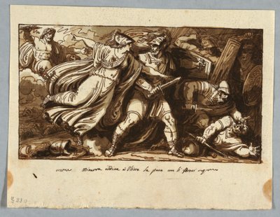 Piirustus, Sheet from a Sketchbook: Minerva käskee Odysseusta tekemään rauhan Penelopen kosijoiden kanssa (Minerva induce Ulisse alla pace con i Proci), ennen vuotta 1805. tekijältä Felice Giani