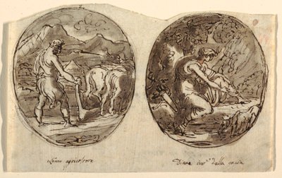 Man the Farmer, Diana the Goddes of the Hunt, Design for holvikatot, Sala dei Legislatori, Palazzo Conti-Sinibaldi, Faenza tekijältä Felice Giani