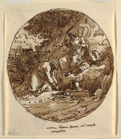 Numa Pompilius palvomassa Jovea Aventinuksella, kattosuunnittelu Sala di Numa Pompiliukselle, Palazzo Milzetti, Faenza tekijältä Felice Giani