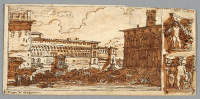 Sketchbook Page, Folio 57: Tutkimus Piazza Emmanuellen jälkeen Bolognassa; Verso, arkkitehtoninen yksityiskohta tekijältä Felice Giani