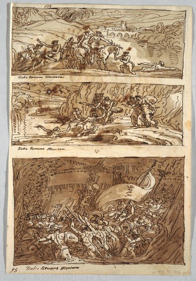 Luonnoskirjasivu, Folio 95: Kolme maalausta Giulio Romanon jälkeen; Verso: Leijona ja kotka tekijältä Felice Giani