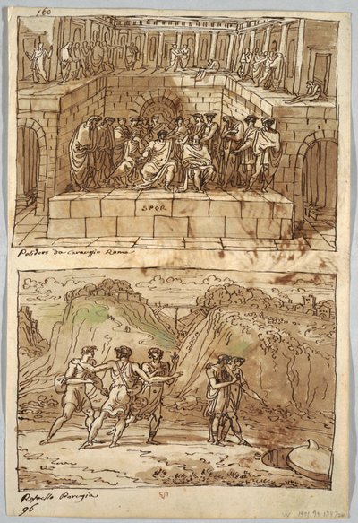 Luonnoskirjasivu, Folio 98: Kaksi maalausta Caravaggion ja Raphaelin jälkeen; Verso: Eagle and Ox tekijältä Felice Giani