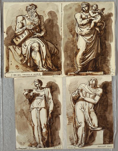 Tutkimuksia neljän patsaan jälkeen Julius II:n haudalla, Michelangelon jälkeen: Mooses; Madonna ja lapsi; Leah, hyve; Rachel, uskonto tekijältä Felice Giani
