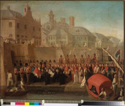 H.S.:n vierailu Genovan vapaasatamassa Paavi Pius VII, n. 1818 (öljy kankaalle) tekijältä Felice Guascone