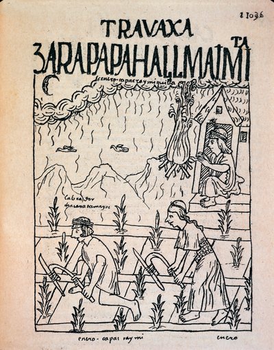 Tammikuussa pelloilla työskentelevä Inca Hatun Runa -pariskunta (mustepiirustus tekijältä Felipe Huaman Poma de Ayala