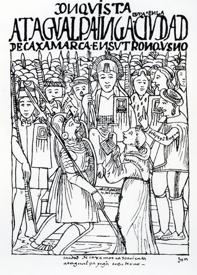 Diego de Almagro, Francisco Pizarro ja pastori Vicente de Valverde polvistumassa Atahualpa Incan edessä Cajamarcassa tekijältä Felipe Huaman Poma de Ayala