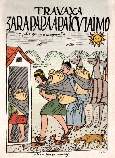 Inka-imperiumi: Inka-talonpojat pelloilla heinäkuussa - Mustepiirros Don Felipe Puma de Ayalan käsikirjoituksesta "Uusi kruunu ja hyvä hallitus", joka kuvaa inkojen elämää, noin 1587 Lima, Kansallinen antropologian, arkeologian ja historian museo d tekijältä Felipe Huaman Poma de Ayala