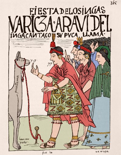 Inka-imperiumi: Laman uhraus inkariitin yhteydessä - Mustepiirros Don Felipe Puma de Ayalan käsikirjoituksesta "Uusi kruunu ja hyvä hallitus", joka kuvaa inkojen elämää, noin 1587 Lima, National Museum of Inka Antropologia, Arch tekijältä Felipe Huaman Poma de Ayala