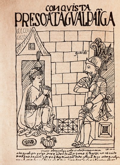 Inkakeisari Atahualpa, valloittajien vanki Cajamarcassa (mustepiirustus). tekijältä Felipe Huaman Poma de Ayala