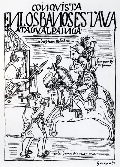 Sebastian de Benalcazar ja Hernando Pizarro kohtaavat Atahualpa Incan kuninkaallisessa kylpylässä Cajamarcassa (puupiirros) tekijältä Felipe Huaman Poma de Ayala