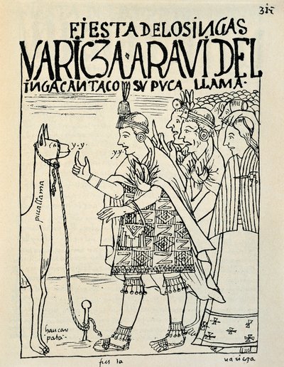 Laman uhraus inkaririitin yhteydessä (mustepiirustus, n. 1587) tekijältä Felipe Huaman Poma de Ayala