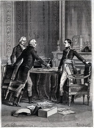 Kolmen konsulin ensimmäinen keskustelu Peer-Luxemburgissa - Napoleon Bonaparte, Emmanuel Joseph Sieyes ja Pierre Roger-Ducos 1799 - Barbantin kaiverrus Philippoteaux