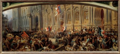 Vuoden 1848 vallankumous: "" Alphonse de Lamartine (1790-1869), ranskalainen kirjailija ja poliitikko, hylkää punaisen lipun kaupungintalolla 25.2.1848." Felix Philippoteaux