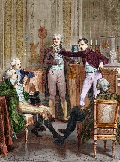 Ensimmäinen konsuli Bonaparte puhuu matemaatikko Gaspard Mongen kanssa - Bonaparten, pääkonsulin ja Gaspard Mongen (1746-1818) kaiverrus Felix Philippoteaux