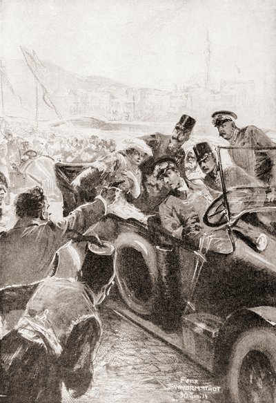 Franz Ferdinandin ja hänen vaimonsa, Hohenbergin herttuatar Sophien salamurha 28. kesäkuuta tekijältä Felix (after) Schwormstadt