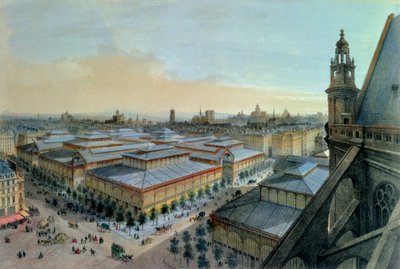 Näkymä Pariisin Les Hallesiin Saint Eustachen ylägalleriasta, noin 1870-80. tekijältä Felix Benoist