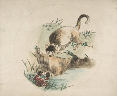 Koriste lautaselle: Rapua metsästävä kissa, 1850-1914. tekijältä Felix Bracquemond