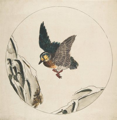 Koriste lautaselle: Ankka lentää lumipeitteisten oksien yllä, 1850-1914. tekijältä Felix Bracquemond