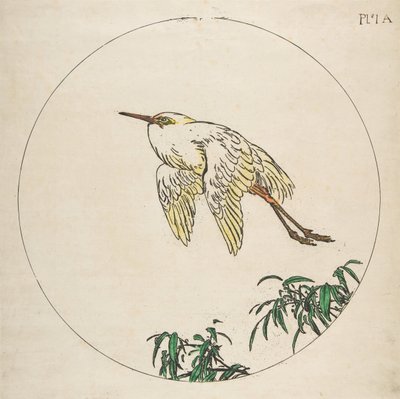 Koriste lautaselle: jalohaikara lentää bambuoksien yläpuolella, 1850-1914. tekijältä Felix Bracquemond