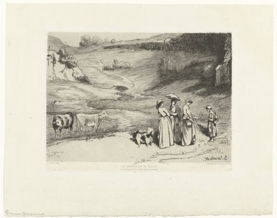 Nuoret naiset antavat paimentyttärelle rahaa mäkisessä maisemassa Les demoiselles du villages (otsikko esineessä) tekijältä Felix Bracquemond