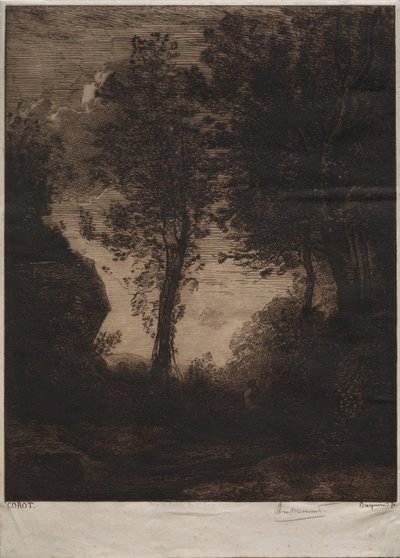 Maisema: Auringonlasku, Corotin jälkeen, n. 1858. tekijältä Felix Bracquemond