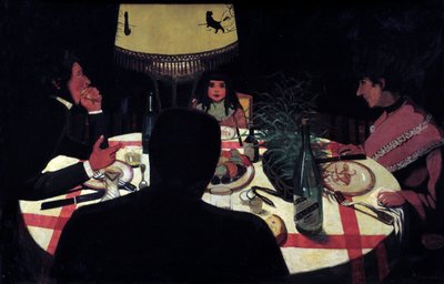 Illallinen, lamppuefekti. Taiteilijan edustus ympäröi hänen vaimoaan ja kauniita lapsiaan. Felix Vallottonin (1865-1925) maalaus Ec. Seuraa tekijältä Felix Edouard Vallotton