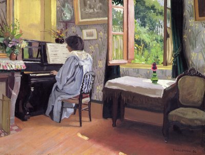 Nainen pianon ääressä tekijältä Felix Edouard Vallotton