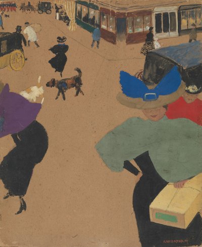 Katukohtaus Pariisissa (Coin de rue à Paris), 1895 (guassi ja öljy kartongille) tekijältä Felix Edouard Vallotton