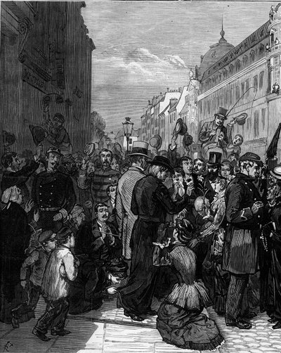 Jesuiittien karkottaminen Pariisin Rue de Sevres -kadulta Jules Ferryn maaliskuussa 1880 antamien määräysten seurauksena ja luvattomien uskonnollisten seurakuntien jäsenten opettamisoikeuden poistaminen: Pariisin väestö osoittaa solidaarisuutta häädystä va tekijältä Felix Elie Regamey