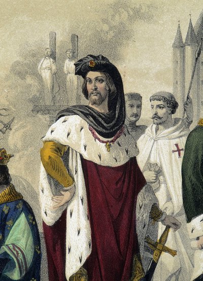 Capétiens 1270 - 1322: Philippe IV le bel ja Jacques de Molay (Molai) - teoksessa "La Monarchie francaise en estampe", piirustus Monsieur Fossey tekijältä Felix Fossey