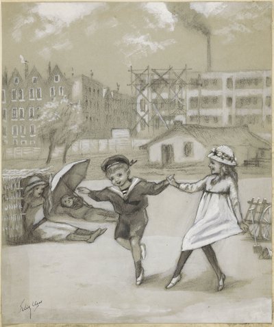 Tanssiva poika ja tyttö kaupunginpuistossa tai leikkikentällä tekijältä Felix Hess (signed by artist)