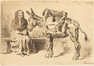 Cacoletière Assise istuva nainen ja aasi, 1875. tekijältä Felix Hilaire Buhot