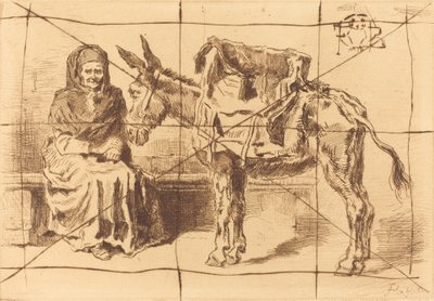 Cacoletière Assise istuva nainen ja aasi, 1875. tekijältä Felix Hilaire Buhot